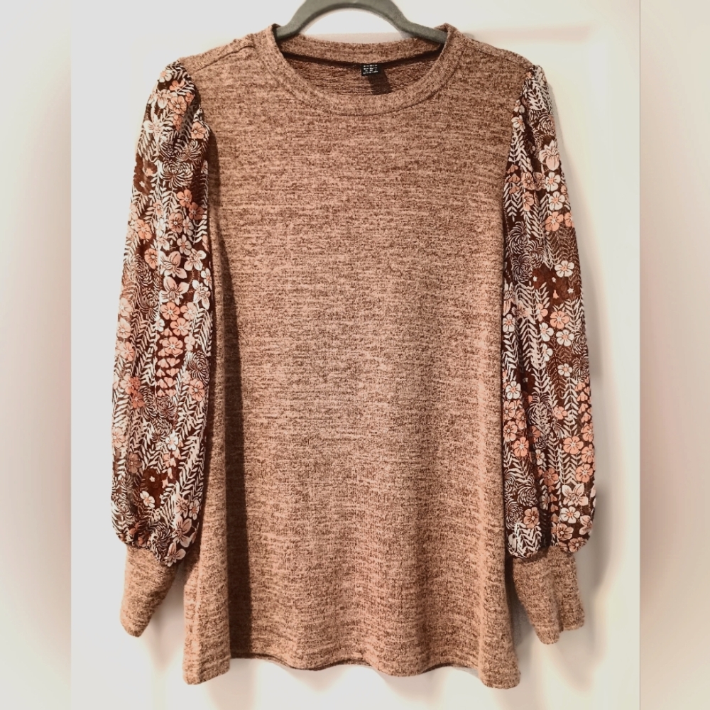 Chic Brown Knit with Floral Sleeves